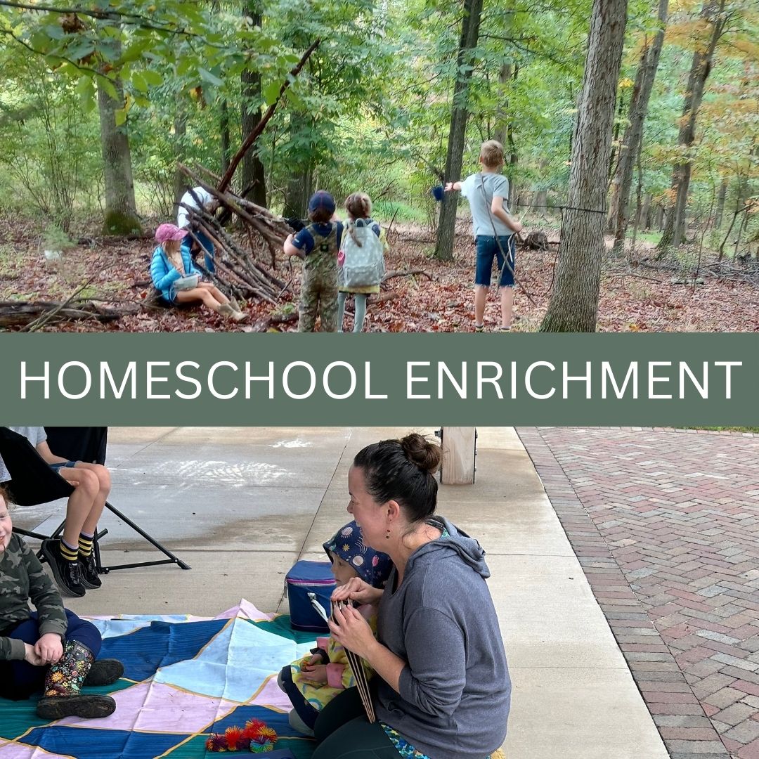 Square button with photos of children learning outdoors, both sitting in a teacher-led group and playing independently. Text overlay reads "homeschool enrichment"