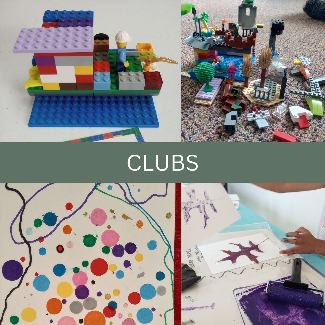 Photos of original Lego block creations and artwork. Text overlay reads "clubs"