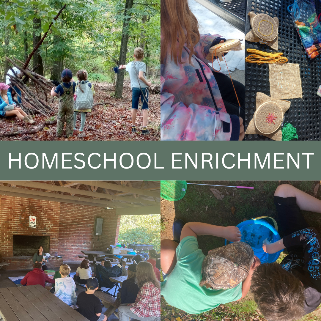 Square button with photos of children learning outdoors, both sitting in a teacher-led group and playing independently. Text overlay reads "homeschool enrichment"